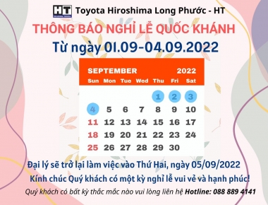 Toyota Hiroshima Long Phước - HT xin thông báo lịch nghỉ Lễ Quốc Khánh!
